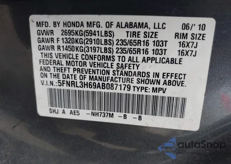 2010 Honda Odyssey Ex-L z USA, uszkodzony, nr VIN 5FNRL3H69AB087179